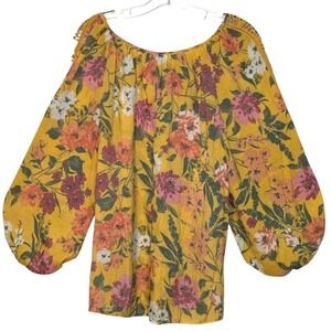 Unique Spectrum Peasant Blouse Yellow Floral Balloon Sleeve Boho Vacation XL